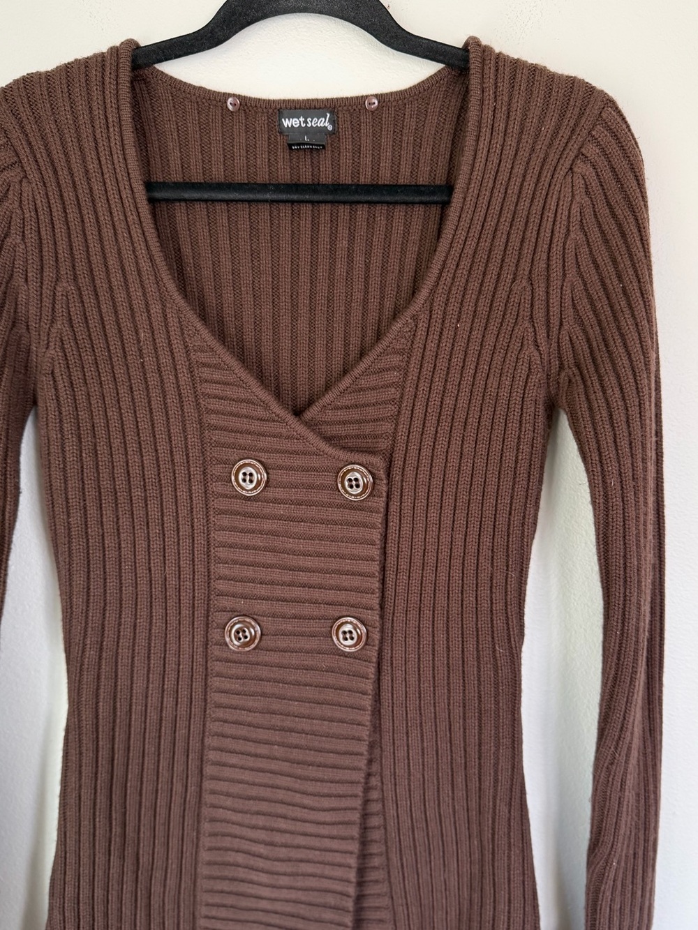 Y2K Wet Seal Brown Ribbed Button Up Knit Sweater Top Vintage Autumn Fairy Grunge - Picture 2 of 4